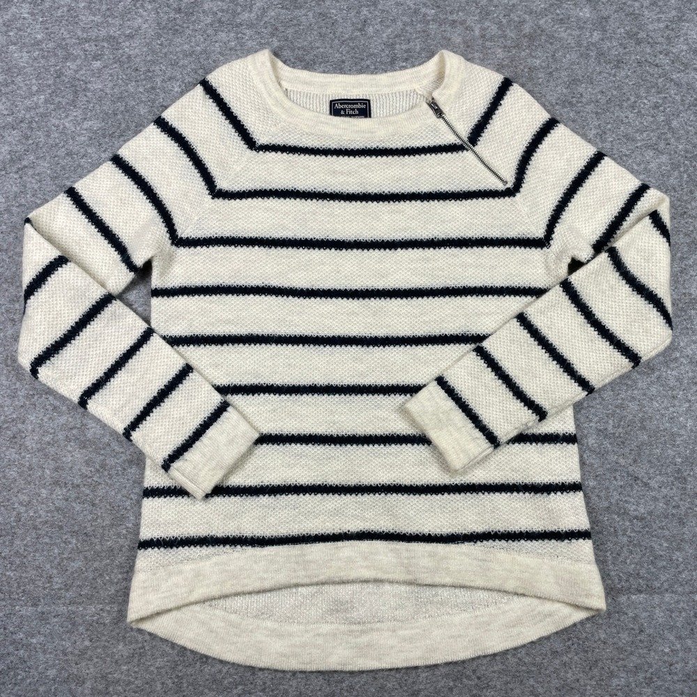 Abercrombie & Fitch Sweater Womens S Cream Navy Striped Zip High Low Hem